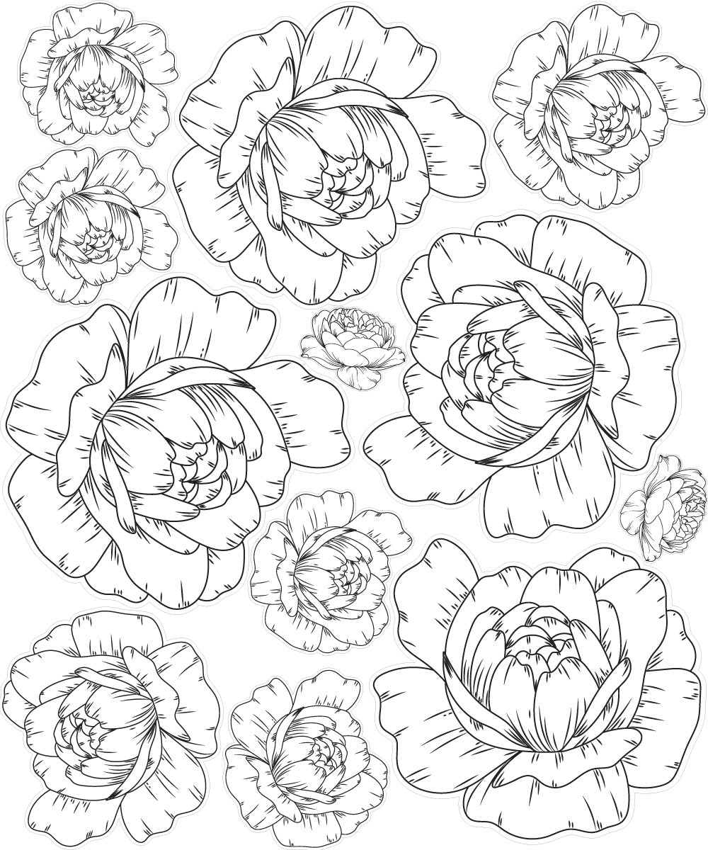 White line drawn Peony Decals