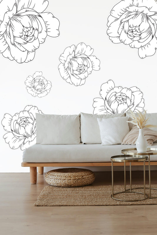 White line drawn Peony Decals